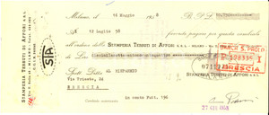 Oggetto da collezione cartaceo 1958 MILANO Stamperia Tessuti di AFFORI  *Assegno pubblicitario 1