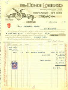 Documento originale, autentico 1936 CREMONA Ditta Lorenzo DONDI  torroni, mostarde e frutta candita *Fattura 1