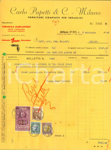 Documento originale, autentico 1940 MILANO Carlo PAPETTI Forniture per idraulici *Fattura bidet PERENNIUS 1