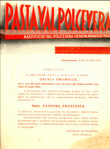 Documento originale, autentico 1939 GENOVA Pastificio VAL POLCEVERA - Francesco PASTORE nuovo rappresentante 1