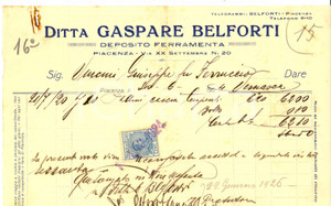 Documento originale, autentico 1924 PIACENZA Ditta Gaspare BELFORTI Deposito ferramenta *Fattura intestata 1