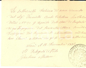 Manoscritto, lettera originale 1886 GENOVA NERVI Ricevuta delegato di porto Gaetano MASSONE per spese trasferta 1