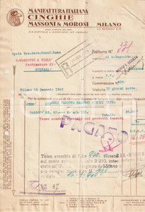 Documento originale, autentico 1940 MILANO Manifattura Italiana cinghie MASSONI & MORONI *Fattura intestata 1