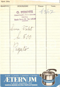 Materiale pubblicitario d’epoca 1967 PAVIA Casalinghi PEROTTI Pentola a pressione AETERNUM *Fattura 14x20 cm 1
