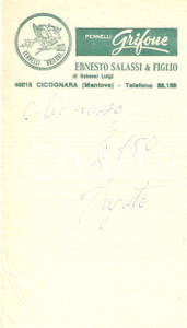 Materiale pubblicitario d’epoca 1965 ca CICOGNARA MN Pennelli GRIFONE di Ernesto SALASSI Ricevuta 10x17 cm 1