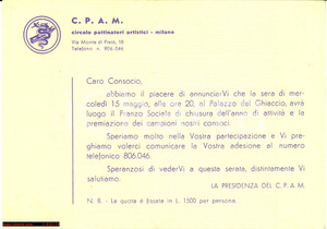 Documento originale, autentico 1960 ca MILANO Cena del Circolo Pattinatori Artistici 1