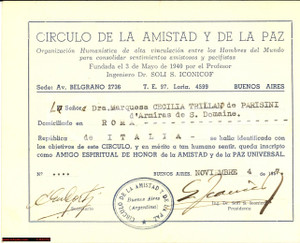 Oggetto da collezione cartaceo 1957 BUENOS AIRES Circulo de la Amistad y de la Paz TESSERA 1