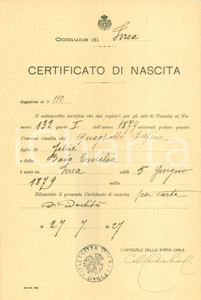 Documento originale, autentico 1927 IVREA (TO) Certificato di nascita di Delfina QUAGLIOTTO *Documento 1