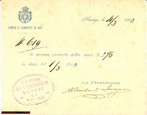 Documento originale, autentico 1902 ROVIGO Ricevuta Camera di Commercio ed Arti 1