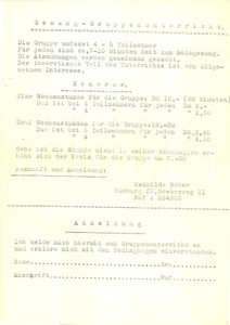 Manoscritto, lettera originale 1950 ca HAMBURG (DE) Mathilde WEBER dÃ  lezioni di canto in gruppo *Documento 1