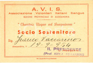 Oggetto da collezione cartaceo 1954 ALESSANDRIA Tessera A.V.I.S. socio Franco VACCARISIO 1