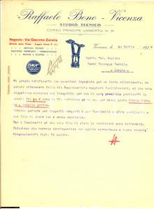 Documento originale, autentico 1928 VICENZA Raffaele BONO Studio tecnico - lettera 1