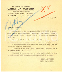 Materiale pubblicitario d’epoca 1948 VERONA Azienda Osvaldo FRANCHINI ricupero carta da macero *Pubblicitario 1