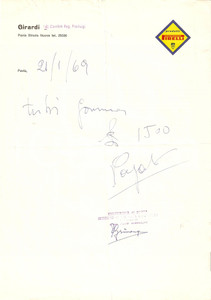 Materiale pubblicitario d’epoca 1969 PAVIA Prodotti PIRELLI Ditta GIRARDI del Rag. Pierluigi CAMBIE' *Fattura 1