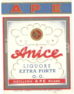 Materiale pubblicitario d’epoca 1960 ca MILANO Distilleria APE Liquore ANICE extra forte Etichetta 1