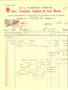 Documento originale, autentico 1929 FIRENZE Ditta Alberigo VENNINI Articoli CANCELLERIA e CARTA Fattura 1