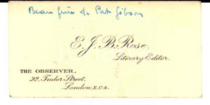 Oggetto da collezione cartaceo 1950 ca LONDON THE OBSERVER Business card E. J. B. ROSE Literary editor 1