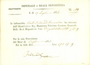 Documento originale, autentico 1832 IMPERIAL REALE DEPOSITERIA Provvisione Conte Ferdinando GUICCIARDINI Luglio 1