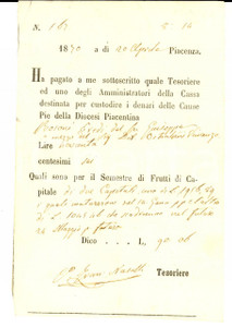 Documento originale, autentico 1870 PIACENZA Cause Pie Diocesi  Ricevuta a eredi Giuseppe BOSONI 1