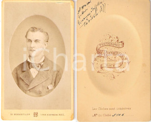 Fotografia d epoca originale 1877 NICE F Portrait d étudiant à  l ami GERBIN Photo W. BIENMULLER 1