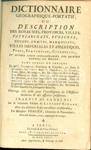 Libro, pubblicazione d epoca 1763 AntoineAugustin VOSGIEN Dictionnaire geographique con 2 TAVOLE pieghevoli 1