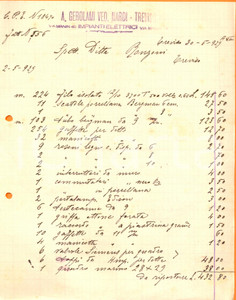 Documento originale, autentico 1929 TREVISO Impianti elettrici GEROLAMI NARDI lavori interruttori quadri rosoni 1
