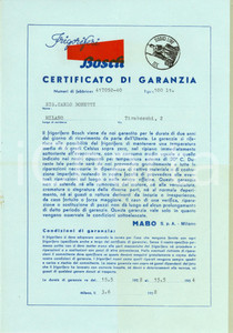 Documento originale, autentico 1952 MILANO Frigoriferi BOSCH Certificato di garanzia MABO s.p.a. Documento 1