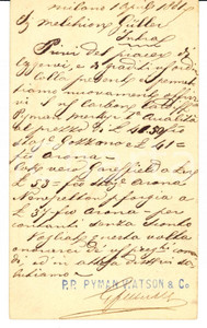 Documento originale, autentico 1881 MILANO Ditta PYMAN WATSON & Co. offerta carbone e coke RARA 1