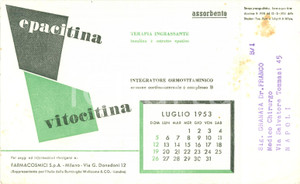 Materiale pubblicitario d’epoca 1953 MILANO Epacitina Vitocitina FARMACOSMICI s.p.a. PubblicitÃ  carta assorbente 1
