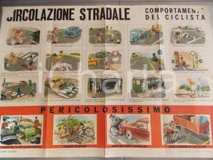 Oggetto da collezione cartaceo 1960 ca CIRCOLAZIONE STRADALE Comportamento del ciclista Manifesto ILLUSTRATO 1