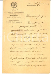 Manoscritto, lettera originale 1909 ROMA SocietÃ  Ufficiali Pensionati in stato di rivoluzione anarchica Lettera 1