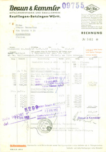 Documento originale, autentico 1953 REUTLINGEN DE Metallwarenfabrik emaillierwerk BRAUN & KEMMLER Fattura 1