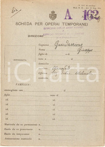 Documento originale, autentico 1940 ca MILISCOLA Scheda manovale Giuseppe GUARDASCIONE Armamenti Navali NAPOLI 1