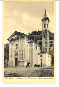 Cartolina originale da collezione 1938 VALLE GRANA PRADLEVES CN Chiesa parrocchiale Cartolina ANIMATA auto 1