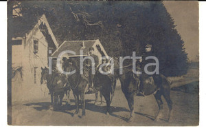 Fotografia d epoca originale 1915 ca WW1 FRANCIA Ufficiali di fanteria a cavallo in un villaggio Foto FP 1