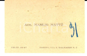 Oggetto da collezione cartaceo 1920 ca TORINO Biglietto da visita dell avv. Manlio MATTE  10x7 cm 1