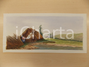 Stampa, bozzetto originale 1950 ca ARTE Paesaggio rurale con contadina e capanna Acquerello 43x20 cm 1