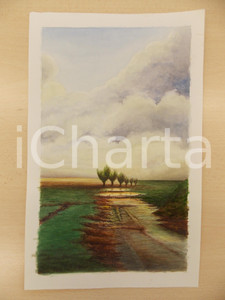 Stampa, bozzetto originale 1950 ca ARTE Paesaggio rurale con alberi al tramonto Acquerello 23 x 37 cm 1