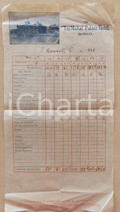 Documento originale, autentico 1914 BOMBAY INDIA Conto per soggiorno TAJ MAHAL PALACE HOTEL 22x40 VINTAGE 1