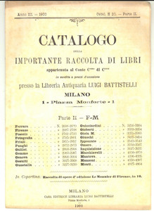 Libro, pubblicazione d epoca 1900 MILANO Catalogo Luigi BATTISTELLI  Libri Conte C di C parte 2 1