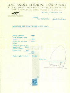Documento originale, autentico 1936 MILANO Edizioni CORBACCIO invia rendiconto vendite Paolo Ettore SANTANGELO 1