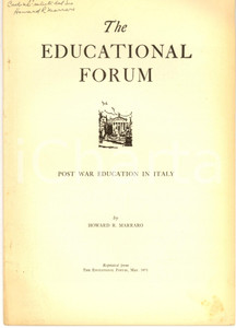Libro, pubblicazione d epoca 1951 Howard R. MARRARO Post war education in Italy Invio AUTOGRAFO 1