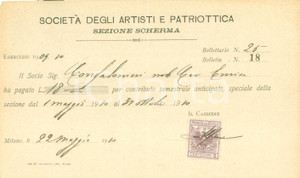 Documento originale, autentico 1910 MILANO Società degli Artisti e Patriottica Ricevuta Enrico CONFALONIERI 1