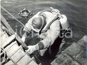 Fotografia d epoca originale 1957 ALBENGA Isola Gallinara  Sommozzatore con tuta PIRELLI si immerge in mare 1