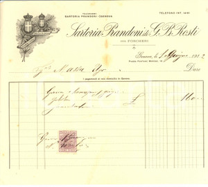 Documento originale, autentico 1912 GENOVA Sartoria PRANDONI di G. B. ROSTI giÃ  FORCHERI - Ricevuta 1