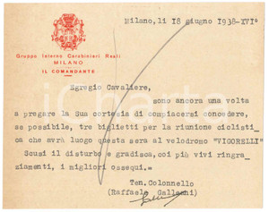 Autografo originale 1938 MILANO CARABINIERI Comandante Raffaele GALLEANI  Biglietto AUTOGRAFO 1