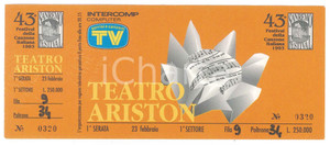 Oggetto da collezione cartaceo 1993 FESTIVAL DI SANREMO 1 serata  Biglietto 1Â° settore  Fila 9 Poltrona 34 1