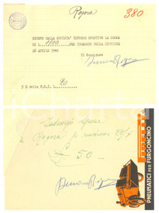 Autografo originale 1940 CICLISMO Milano Vigorelli  Ricevute Bernardo ROGORA per corsa  AUTOGRAFI 1