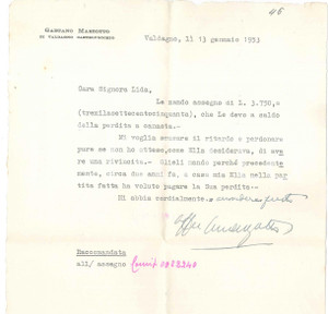 Autografo originale 1947 VALDAGNO Lettera Gaetano MARZOTTO per saldo  AUTOGRAFO 1