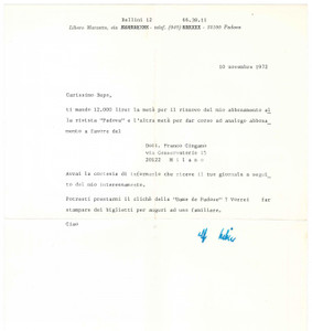 Autografo originale 1972 PADOVA Lettera Libero MARZETTO per abbonamento a Padova  AUTOGRAFO 1